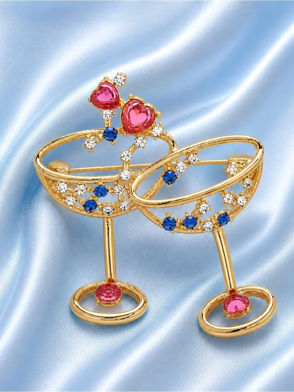 Cocktail Champagne Glass Pair Pink Blue Gems Brooch